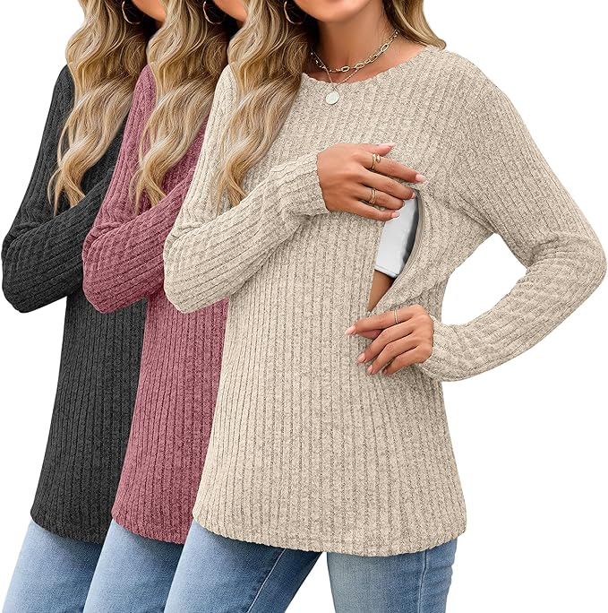 3 Pack Women's Nursing Long Sleeve Tops Breastfeeding Thermal Sweaters with Hidden Zipper Maternity Ribbed Shirts