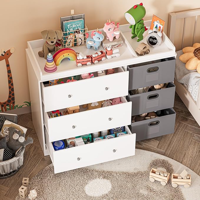 White Nursery Dresser with Changing Top, Baby Diaper Changing Station with 3 Fabric Drawer, Safety Rail & Nursery Organizer, Modern Dressers for Bedroom (47.2" W x 18.9" D x 36.1" H)