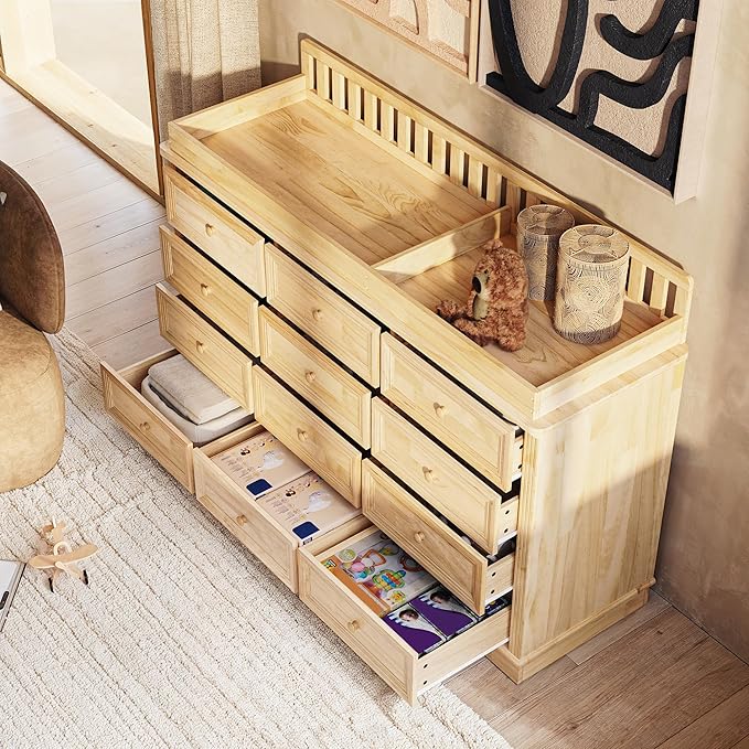 Homsee Baby Changing Table Dresser, 100% Solid Wood Infant Diaper Changing Station Combo, 12-Drawer Baby Nursery Dresser with Removable Tray for Children's Room Bedroom, Nature Color