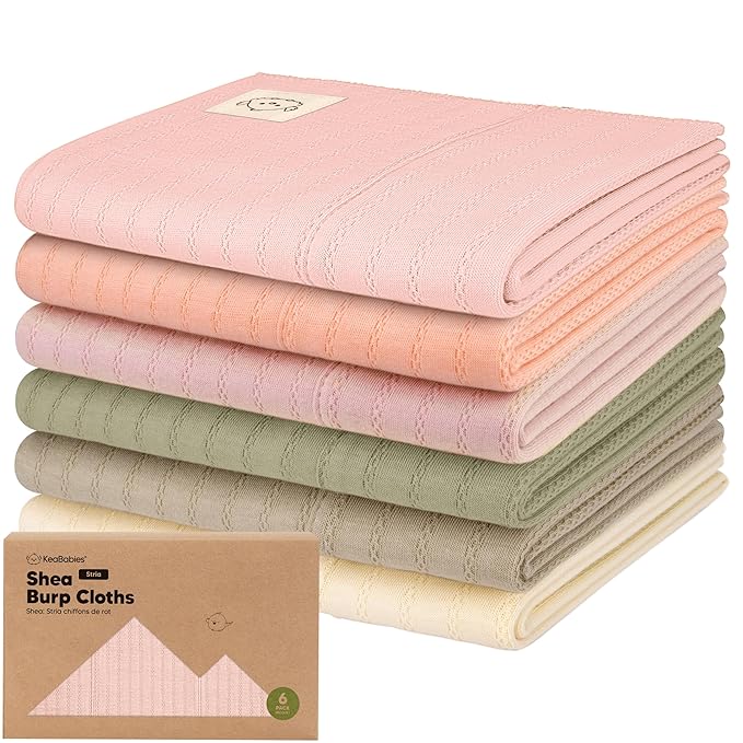 KeaBabies Organic Cotton Burp Cloths Baby Girl, Boy - 6-Pack Large Burping Clothes for Babies, Spit Up Rags, Super Soft & Absorbent Newborn Wash Towels, Gender Neutral, Non-Shrink (Stria, Embrace)
