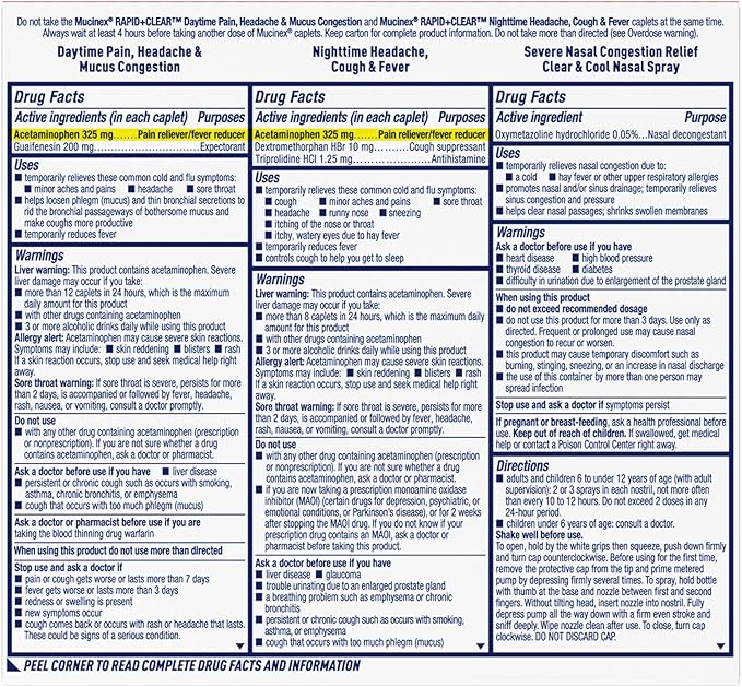 Mucinex Rapid+Clear Maximum Strength Day & Night Cold and Flu Medicine for Adults (20 caplets) + Sinus Pressure Relief Nasal Spray (0.75 oz), Over-The-Counter Medication Combo Pack for Symptom Relief