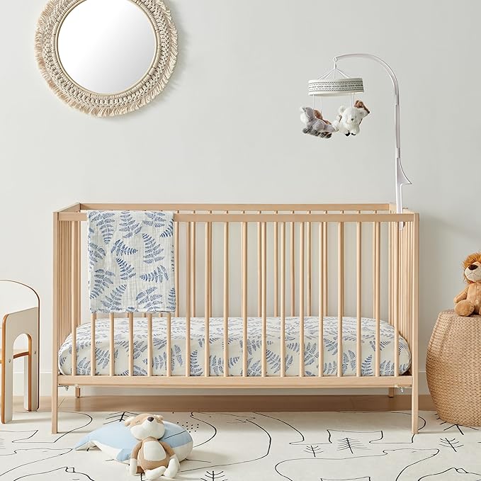 Margaux & May Organic Muslin Cotton Baby Crib Sheets, Blue Fern Print 2 Pack, Fitted, Breathable, Toddler Bedding, 52 x 28, Deep Pocket, Organic Crib Sheets for Cozy Sleep