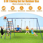 Swing Set for Backyard 550lbs - 6 in 1 Playground Sets for Backyards Safe Platform Swing for Kids Outdoor Heavy Duty Metal Frame with 3 Adjustable Swings Climbing Net Climbing Ladder Basketball Hoop