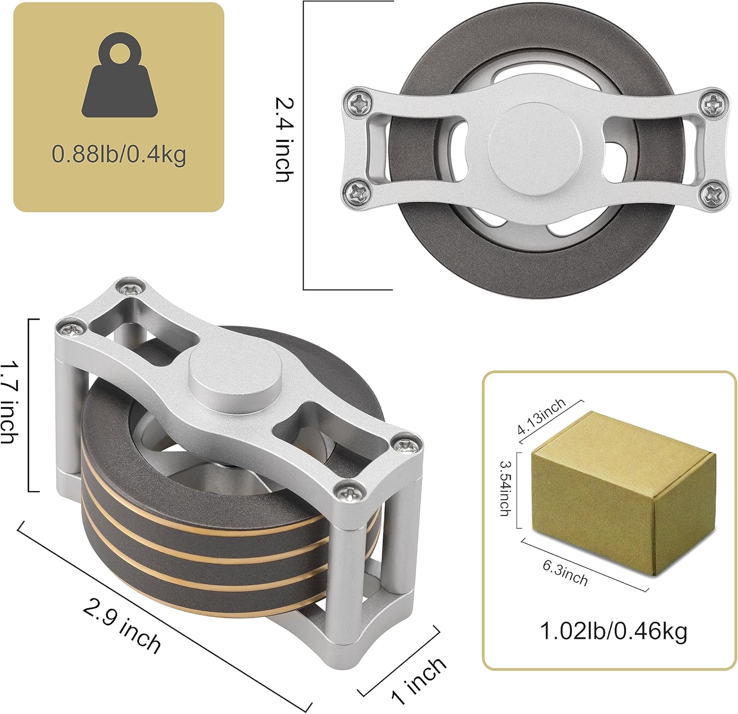 Brass Kinetic Spinning Top, Desk Fidget Toy for Adults, Stress Relief Toy for Office, Gray