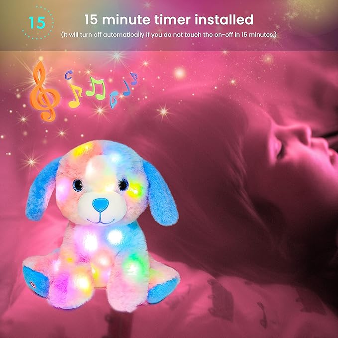 Hopearl LED Musical Stuffed Puppy Lighting Up Singing Plush Toy Adjustable Volume Lullaby Animated Soothe Birthday Festival for Kids Toddler Girls, Rainbow, 10.5''