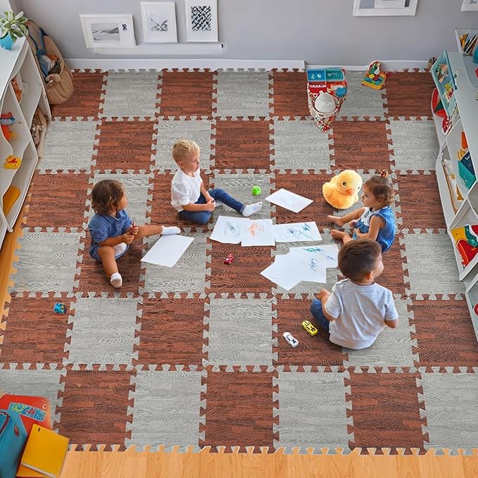 Skyweaver 24 Tiles Soft Non-Toxic Baby Play Mat for Floor EVA Foam Jigsaw Puzzle Play Mat, Interlocking Squares with 0.6inch for Babies, Toddlers & Kids Gym, Nursery, Playroom, Gray