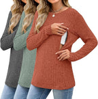 3 Pack Women's Nursing Long Sleeve Tops Breastfeeding Thermal Sweaters with Hidden Zipper Maternity Ribbed Shirts