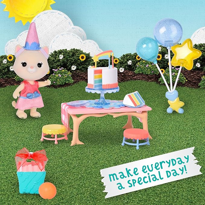 Honey Bee Acres Birthday Wishes Playset, 15 Piece Miniature Dollhouse Party Set with Cat Figure, Rainbow Cake, Balloons & Gift, Pretend Play Birthday Celebration for Kids Ages 3+