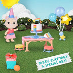 Honey Bee Acres Birthday Wishes Playset, 15 Piece Miniature Dollhouse Party Set with Cat Figure, Rainbow Cake, Balloons & Gift, Pretend Play Birthday Celebration for Kids Ages 3+