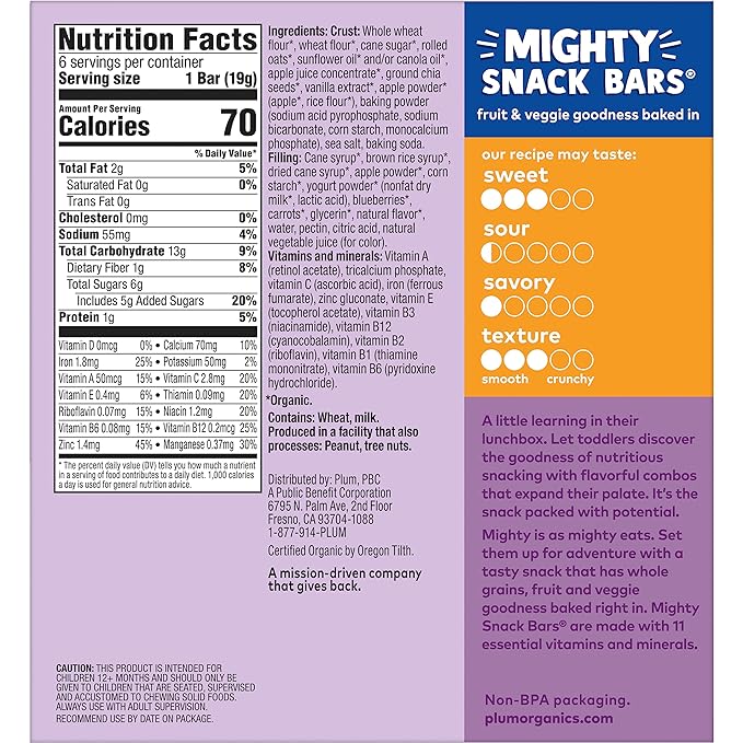 Plum Organics Mighty Snack Bars Variety Pack - Blueberry and Strawberry - 0.67 oz Bars (Pack of 48) - Organic Fruit and Vegetable Toddler Food Snack Bars