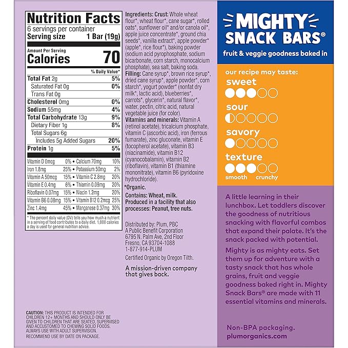 Plum Organics Mighty Snack Bars - Blueberry - 0.67 oz Bars (Pack of 6) - Organic Fruit and Vegetable Toddler Food Snack Bars