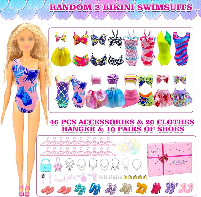100 Pcs Doll Clothes & Accessories, 4 Wedding Gowns 2 Evening Dresses 6 Fashion Dresses 1 Jumpsuit 5 Tops 5 Pants 2 Swimsuit, 20 Hangers 10 Shoes 46 Accessories Toys for Girl Birthday Gift