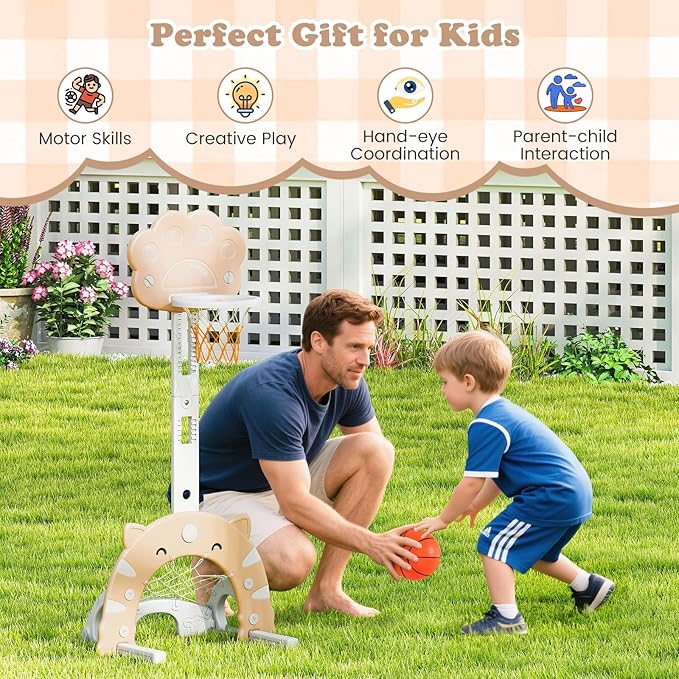 Costzon 3 in 1 Toddler Basketball Hoop, Height Adjustable Kids Sports Center w/Foldable Basketball, Soccer & Golf Game, Indoor Outdoor Activity Playset w/Foldable Rim, Gift for Children Baby Infant