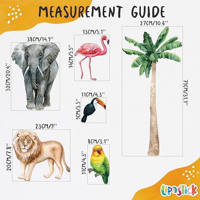Safari Animal Wall Decals for Kids by Lipastick-Peel and Stick Jungle Stickers Giraffe, Elephant, Hippo, Palm Tree, Parrot for Toddlers Room, Nursery, Playroom, Classroom, Daycare Decor Art- L Size