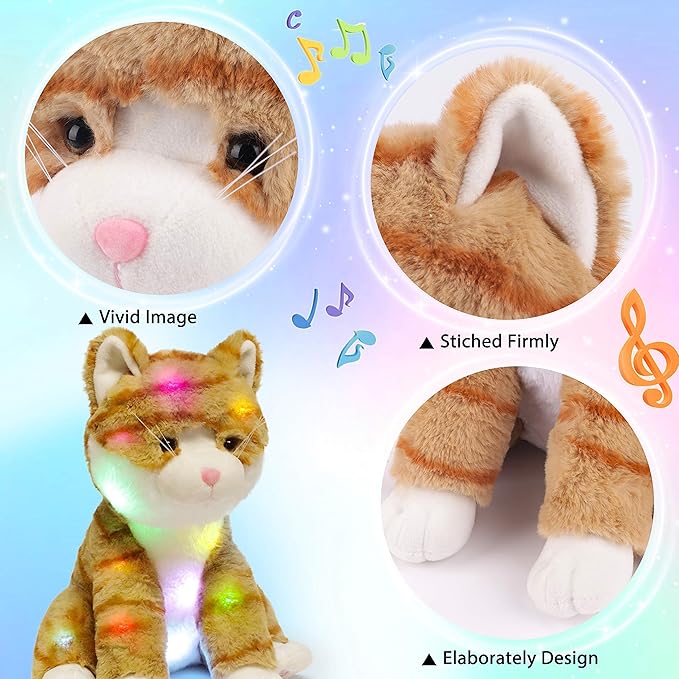 Hopearl LED Musical Stuffed Kitty Lighting Up Singing Plush Cat Adjustable Volume Lullaby Animated Soothe Birthday Festival for Kids Toddler Girls, Orange, 12.5''