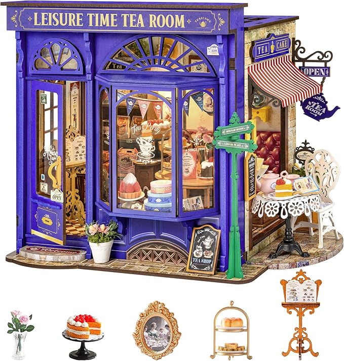 Rolife DIY Miniature House Kit Leisure Tea Time, 3D Book Nook Openable Bookshelf Decor for Adults, Mini Model House Kits, DIY Crafts Kit Halloween for Adults (Leisure Tea Time)