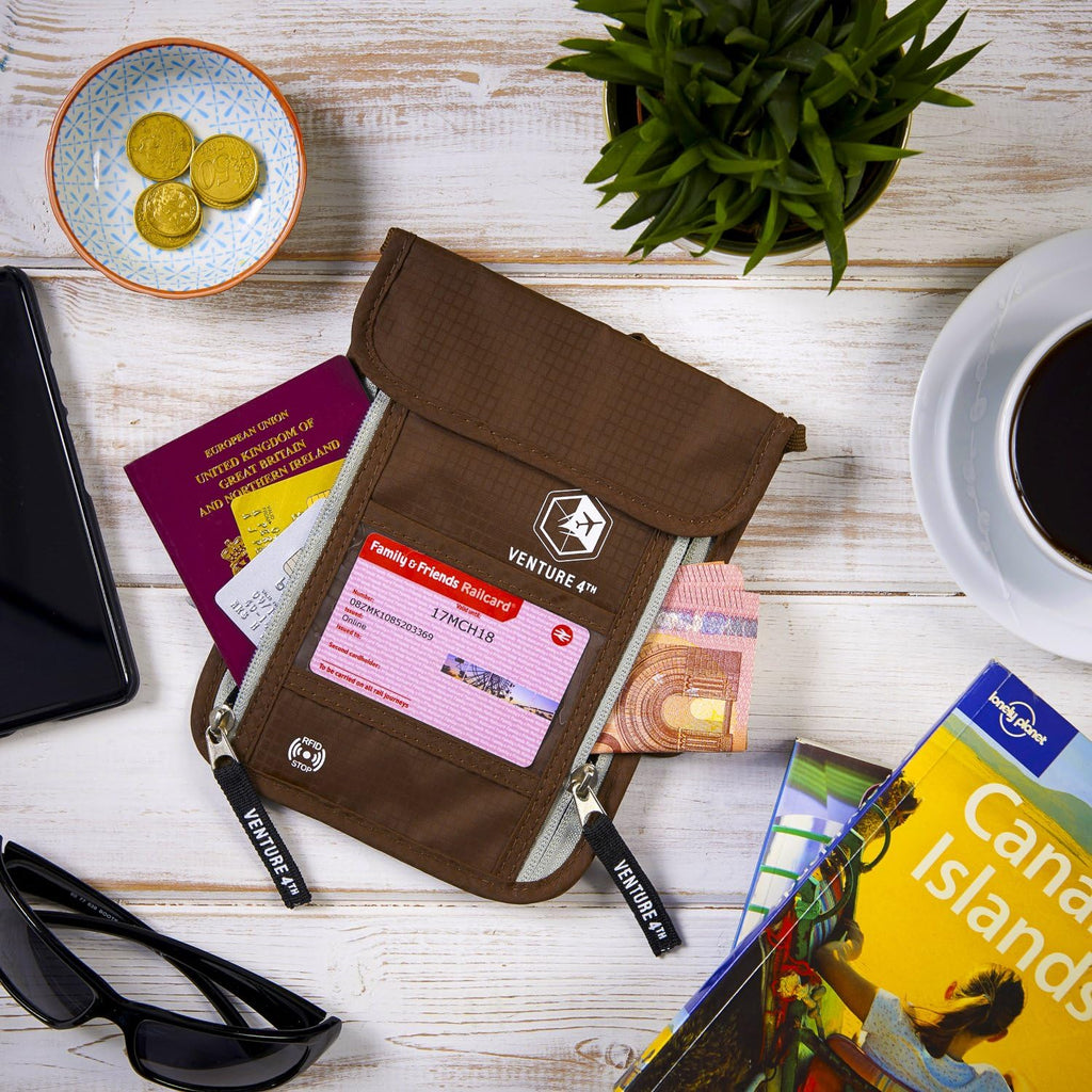 VENTURE 4TH Passport Holder Neck Wallet with RFID Blocking Nylon Lining - Hidden Neck Pouch for Travel (Brown)