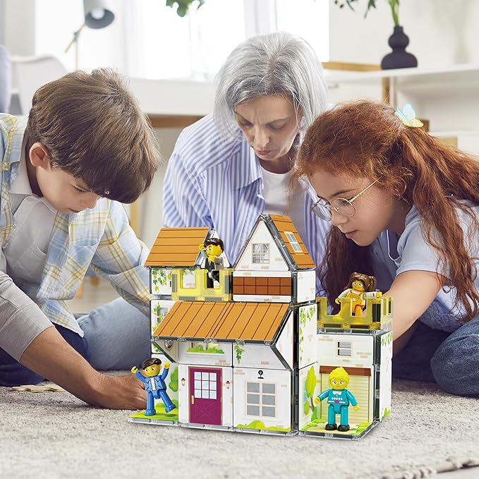 PicassoTiles Magnet Tile Building Block Family Homestead Doll House Theme Playset 8 Character Action Figures Double Sided Magnetic Tiles Printing STEM Education Learning Kit Toy Set Kids Ages 3+ PTQ06