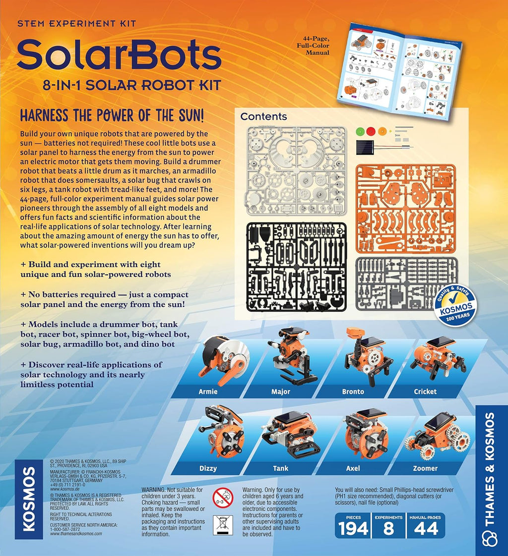 Thames & Kosmos SolarBots: 8-in-1 Solar Robot STEM Experiment Kit | Build 8 Cool Solar-Powered Robots in Minutes | No Batteries Required | Learn About Solar Energy & Technology | Solar Panel Included