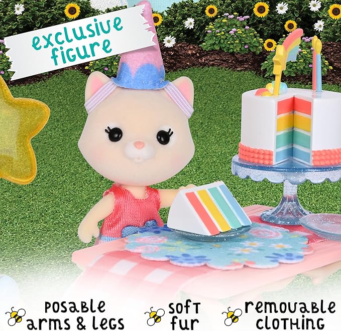 Honey Bee Acres Birthday Wishes Playset, 15 Piece Miniature Dollhouse Party Set with Cat Figure, Rainbow Cake, Balloons & Gift, Pretend Play Birthday Celebration for Kids Ages 3+