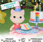 Honey Bee Acres Birthday Wishes Playset, 15 Piece Miniature Dollhouse Party Set with Cat Figure, Rainbow Cake, Balloons & Gift, Pretend Play Birthday Celebration for Kids Ages 3+