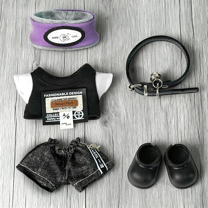 Labu-Clothes-bu Designer for 17cm Doll Clothes and Accessories，5-Piece Stylish Outfit Set with Hat/T-Shirt/Jeans/Belt/Shoes