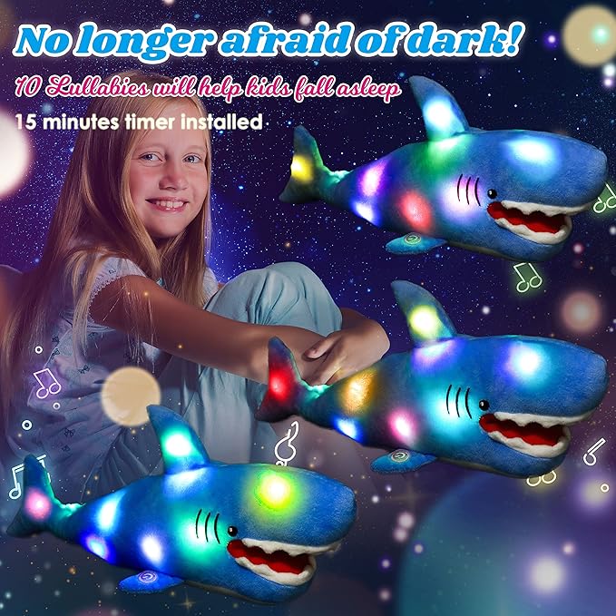 Cuteoy Light-up Singing Plush Shark LED Musical Stuffed Animal Adjustable Volume Lullaby Plushies Birthday Christmas Toy Gifts for Kids Toddler Girls, 13"