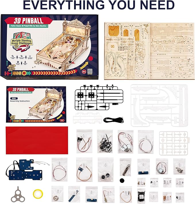 Rowood Wooden Puzzles 3D Pinball Machine Mechanical Model Wooden 3D Puzzles for Adults DIY Pinball Game Wooden Puzzle-Model Building Kits Christmas Birthday Gifts for Adult and 14+ Teens