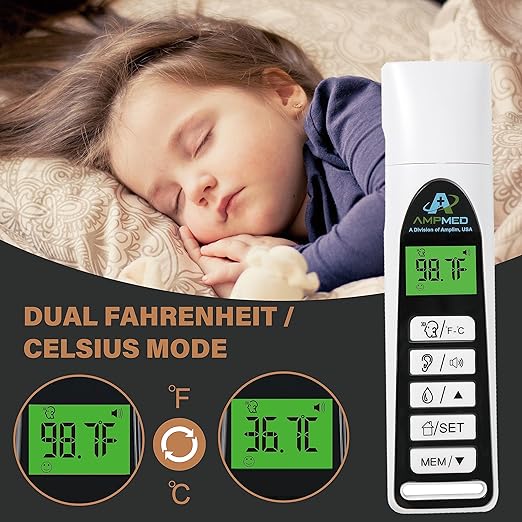 Amplim Baby Thermometer | 3-in-1 Accurate Infrared Thermometer for Ear, Forehead & Touchless, Fever Thermometer for Baby, Infants, Toddlers, Kids & Adults | White Base Stand & Clock