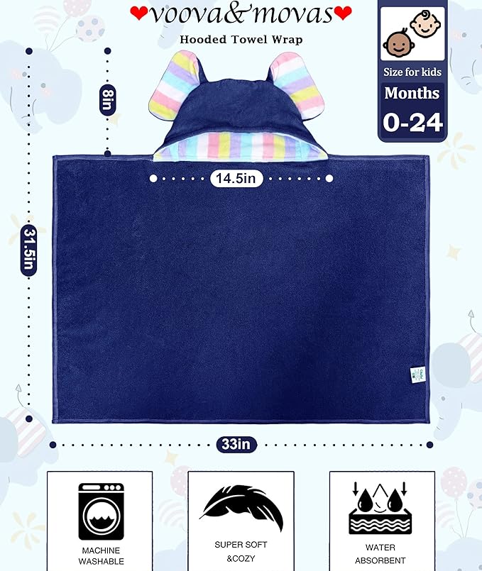 VOOVA & MOVAS Thick Baby Hooded Bath Towel - 100% Cotton,500GSM, 33x31.5 Inches,0-2Years, Super Absorbent Large Towel with Cute Elephant Ears Hood for Newborn, Baby, Infant, Navy