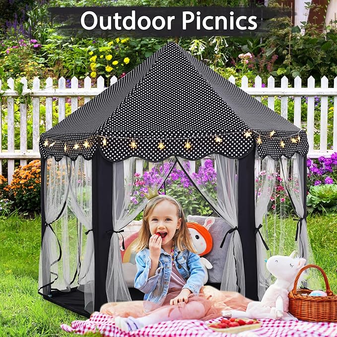 Monobeach Princess Tent Girls Black Large Playhouse Kids Castle Play Tent with Star Lights Gift Toy for Children Indoor and Outdoor Games