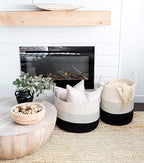 OrganiHaus Woven Laundry Basket, Large Cotton Rope Blanket Holder with Handles, Soft & Sturdy Nursery Hamper, Decorative Toy Bin for Living Room Organization 20x13 inches - Off-White/Black