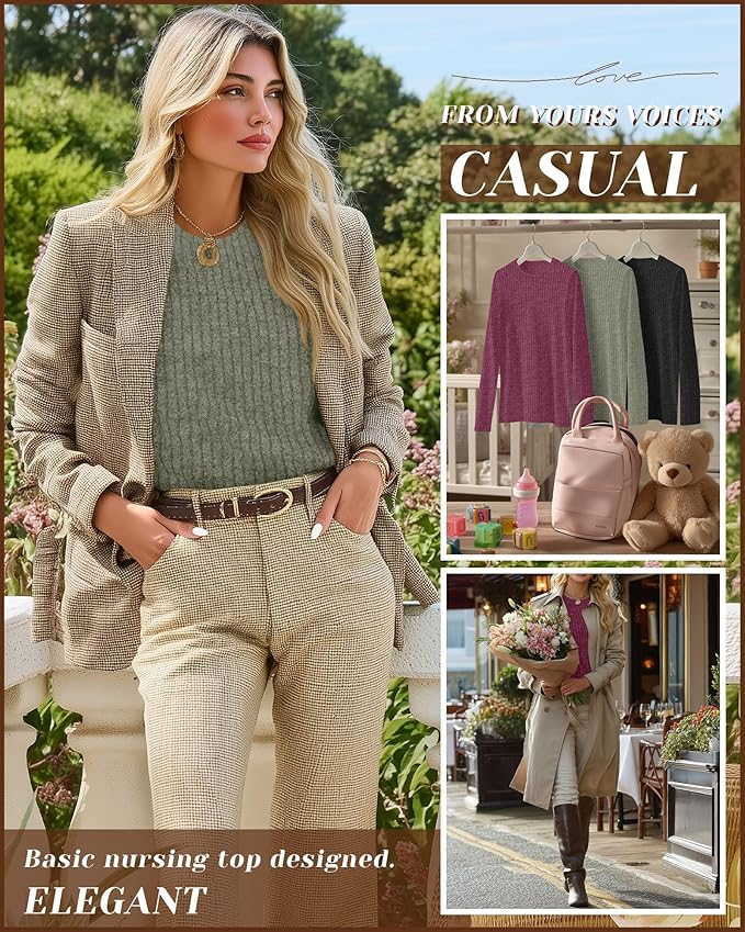 3 Pack Women's Nursing Long Sleeve Tops Breastfeeding Thermal Sweaters with Hidden Zipper Maternity Ribbed Shirts