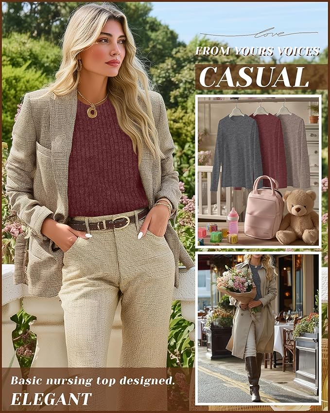 3 Pack Women's Nursing Long Sleeve Tops Breastfeeding Thermal Sweaters with Hidden Zipper Maternity Ribbed Shirts