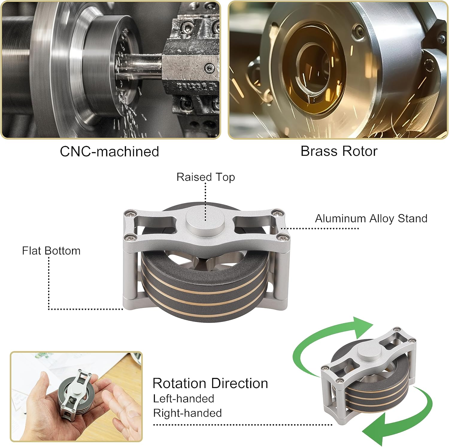 Brass Kinetic Spinning Top, Desk Fidget Toy for Adults, Stress Relief Toy for Office, Gray