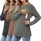 3 Pack Women's Nursing Long Sleeve Tops Breastfeeding Thermal Sweaters with Hidden Zipper Maternity Ribbed Shirts