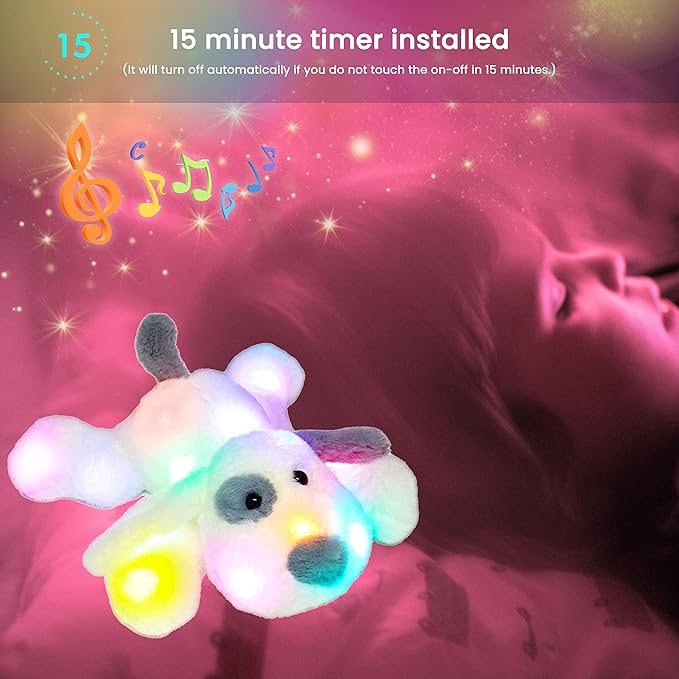 Hopearl LED Musical Stuffed Puppy Lighting Up Singing Plush Dog Adjustable Volume Lullaby Animated Soothe Birthday Festival for Kids Toddler Girls, White, 14''