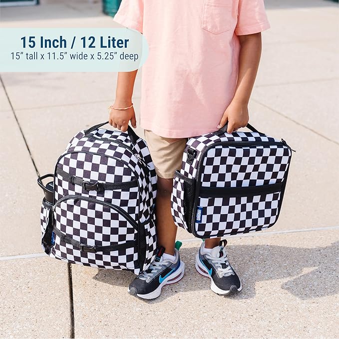 Wildkin ECO rPET 15-inch Kids Backpack – Sustainable, Padded, Adjustable – Black & White Checkered