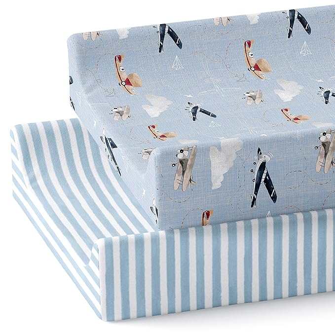 Baby Changing Pad Cover 2-Pack for Boys, Girls (Watercolor Airplanes and Clouds) - Premium Fitted Sheets Baby Diaper Changing Table Cover - Buttery Soft Cotton Blend