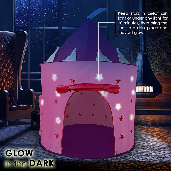 Princess Play Tent Set with Dress Up Tunnel, Castle Playhouse - Glow in The Dark Stars, Birthday Gift for Girls Age 3-7