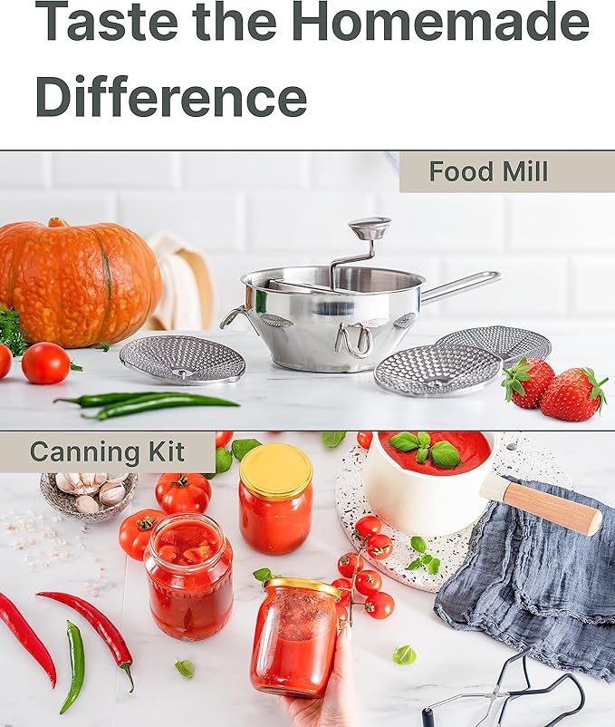 Ergonomic Food Mill Stainless Steel With 3 Grinding Discs - Rotary Food Mill for Tomato Sauce, Applesauce, Puree, Mashed Potatoes, Jams, Baby Food