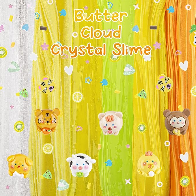 LAWOHO 6 Packs Gradient Yellow Slime Kit - Clear, Butter, Cloud Slimes, Fluffy Slimes for Kids with Charms & Animal Add-ins, Party Favors for Girls & Boys, 360ml Non Stick Slime Making Kit for Kids