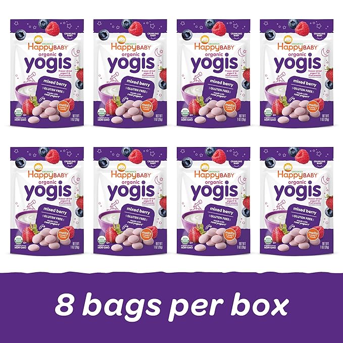 Happy Baby Organic Yogis Freeze-Dried Yogurt & Fruit Snacks, Mixed Berry, 1-Ounce Pouches (Pack of 8)