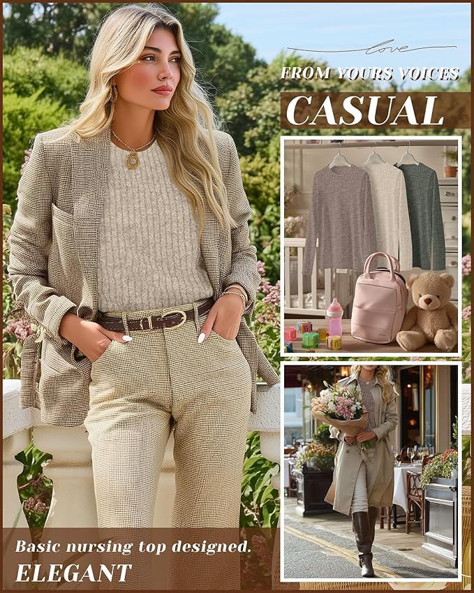 3 Pack Women's Nursing Long Sleeve Tops Breastfeeding Thermal Sweaters with Hidden Zipper Maternity Ribbed Shirts