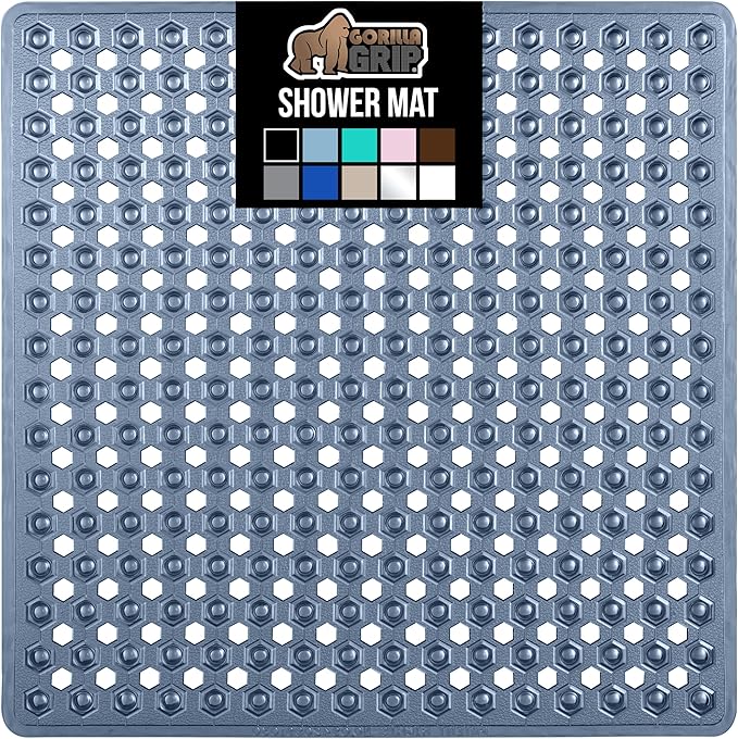 GORILLA GRIP Patented Square Shower Stall Mat, Small Bathtub Floor Mats for Stand Up Showers, Suction Cups and Drainage Holes, Machine Wash, Soft on Feet, Bathroom Accessories 21x21 Inch, Navy Blue