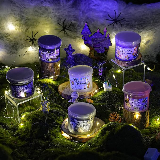 LAWOHO 6 Packs Purple Black Slime Kit - Cloud, Butter & Clear Slime, Slime for Kids with Spooky Slimes Add-ins, Slime Kit for Boys & Girls Birthday Halloween Party Favors Christmas Easter Gifts