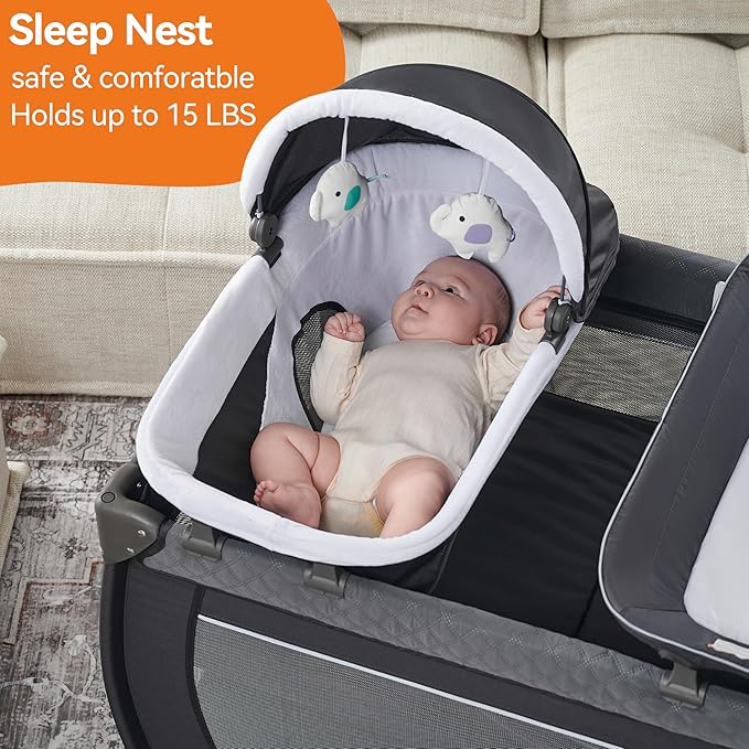 Pamo Babe 1-Second Setup 4-in-1 Playard for Babies - Heavy-Duty Steel Frame for Safe Sleep Space, Portable Crib with Changing Table, Locking Wheels, Breathable Mesh