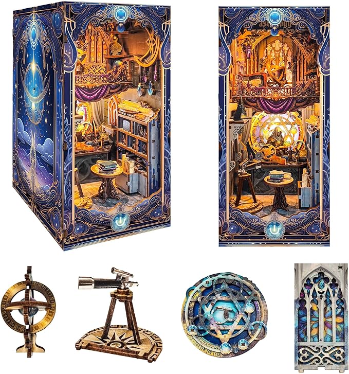 DIY Book Nook Kit, Miniature Dollhouse Booknook Kit, 3D Wooden Puzzle Bookend Bookshelf Insert Decor Diorama Kit with LED Light for Teens and Adults (Star Map Secrets)
