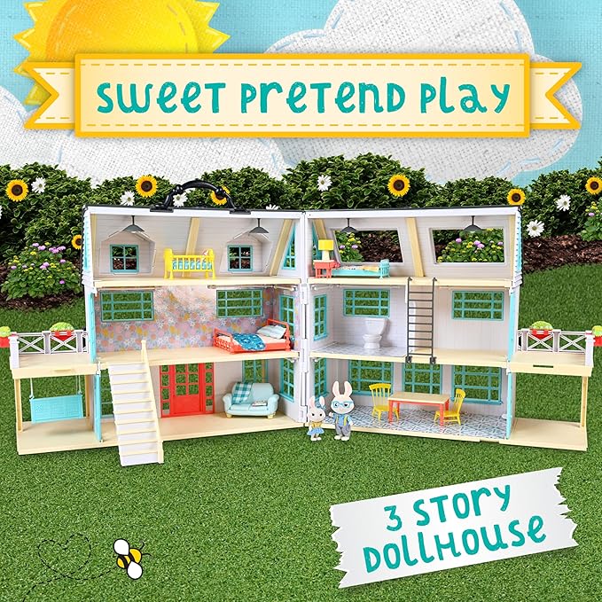 Sunny Days Entertainment Honey Bee Acres Buzzby Farmhouse – 49 Furniture Accessories with 2 Exclusive Figures | 15 Inch Dollhouse Playset | Pretend Play Toys for Kids