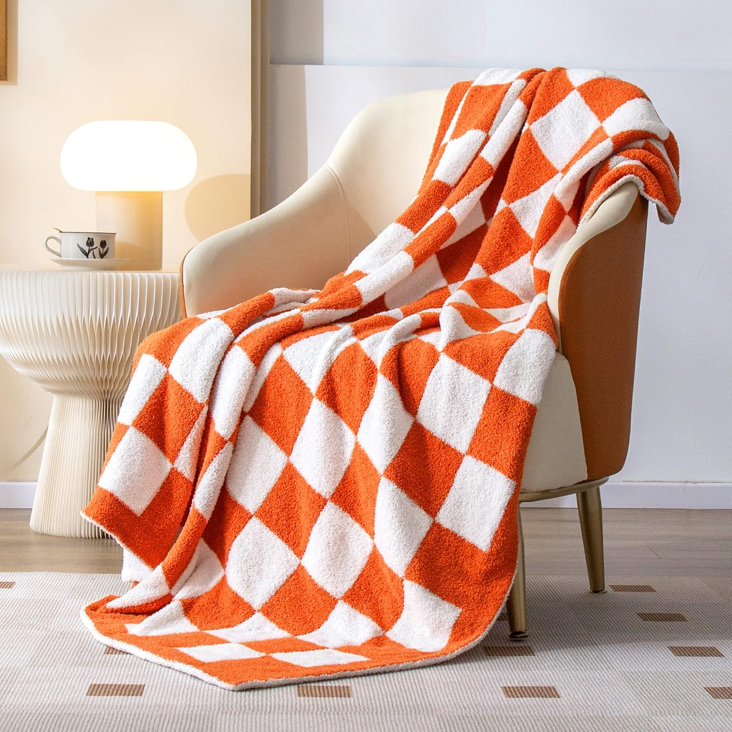 SeaRoomy CheckeredThrow Blanket, Soft Fluffy Microfiber Knit Throw Blanket for Couch Bed, Warm Cozy Reversible Checkerboard Knitted Blanket Room Decor(Burnt Orange, 60"×79")